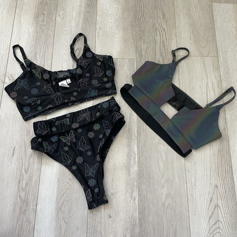 iheartraves Iridescent Bikini butterfly print cheeky set womens Black (xsmall)